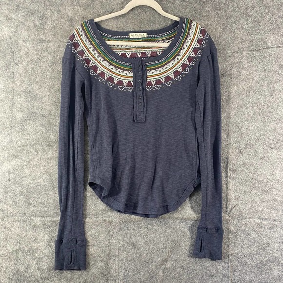 Free People Thermal Top Small Navy Blue Fair Isle Henlet Long Sleeve - Picture 2 of 13